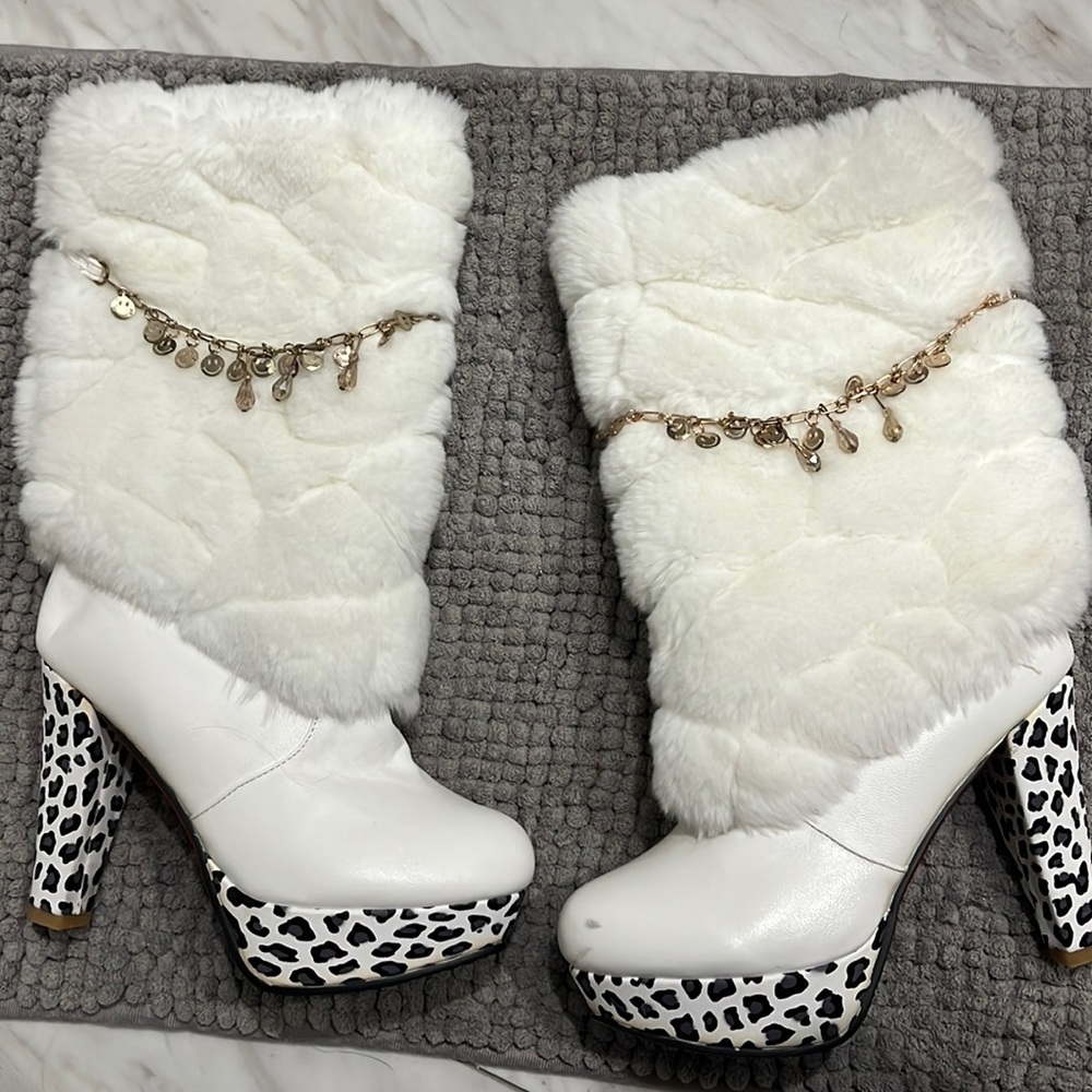 WOMENS Leopard Print w/ faux fur KNEE HIGH HEEL PLATFORM BOOTS